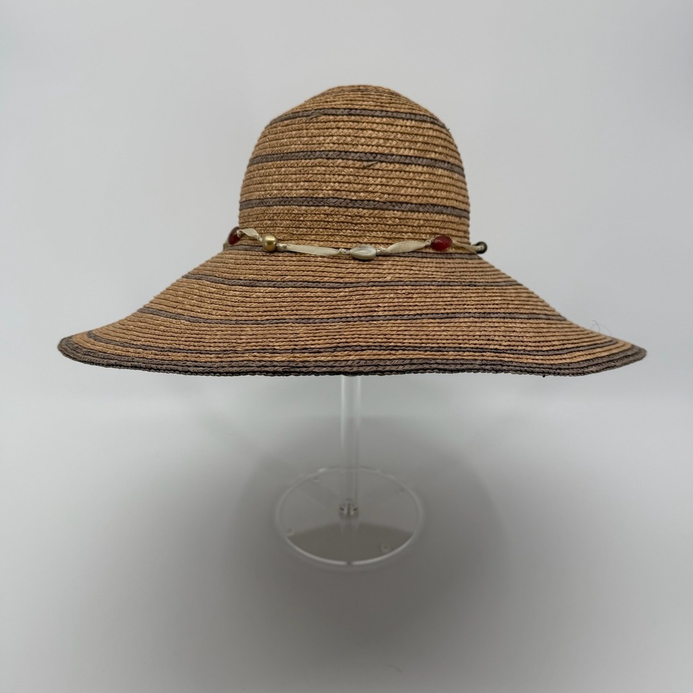 Marks & Spencer Sun Hat Womens S/M 100%Straw Wide Brim Beaded Striped Beach Chic